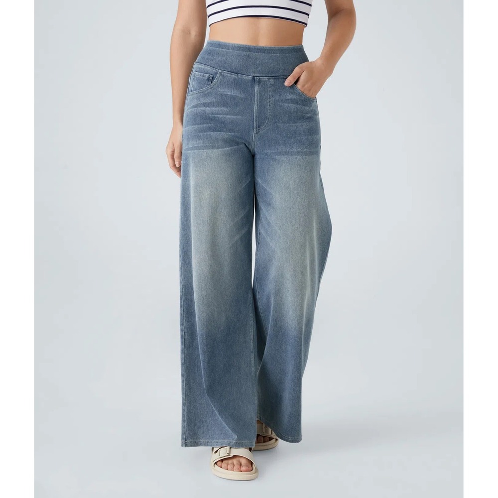 Halara Flex High Waisted Pockets Baggy Wide Leg Washed Casual Jeans Small Reg